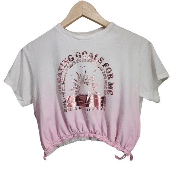 H&M Drawstring T-shirt‎ Short Sleeve Girls Size US 12/14 White Pink - Picture 2 of 6